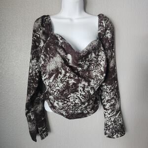 Open Edit Drape Front Long Sleeve Brown and Blue Top